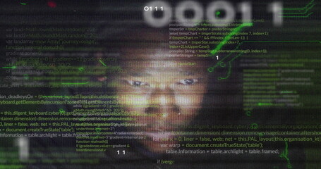 Image of data, integrated circuit and numbers over african american male hacker