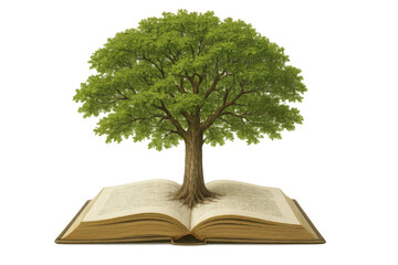 Lush green tree growing out of an open book on a transparent background, symbolizing knowledge, growth, and learning