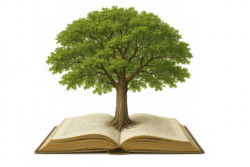 Lush green tree growing out of an open book on a transparent background, symbolizing knowledge, growth, and learning