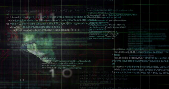 Image of data processing over binary code and caucasian male hacker - Powered by Adobe