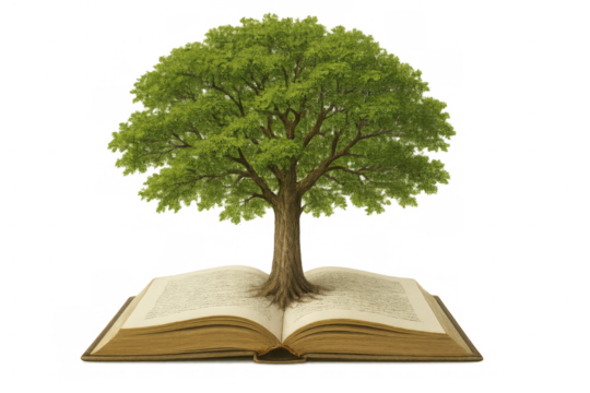 Lush green tree growing out of an open book on a transparent background, symbolizing knowledge, growth, and learning