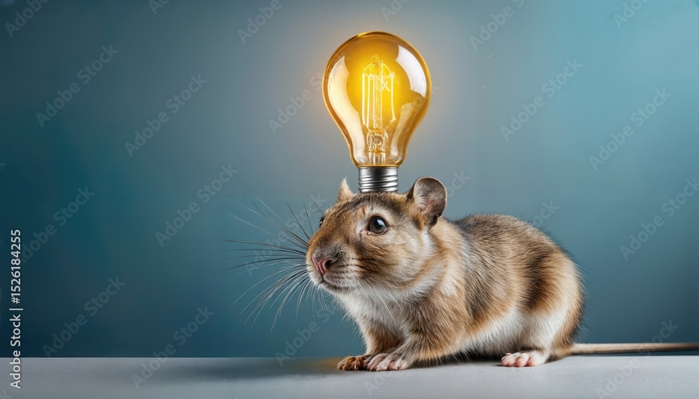Poster gerbil contemplating genius thought with a floating light bulb in a minimalist studio setting a mode