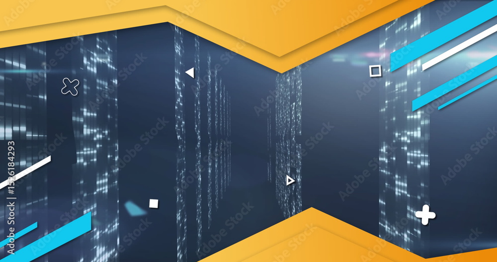 Poster image of abstract shapes and data processing over computer servers