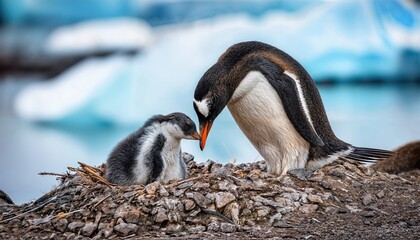 Gentoo Penguins Pygoscelis papua Nurturing Chick at Neko Harbor on the Antarctic Peninsula in a Chilly and Picturesque Winter Scene