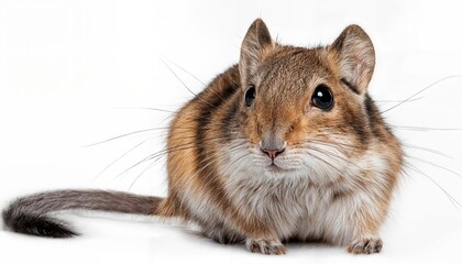Striking Portrait of a Gerbil against a Crisp White Backdrop, Showcasing Detailed Fur Textures and Bright Eyes in High Contrast Lighting, Perfect for Digital Art, Home Decor, or Design