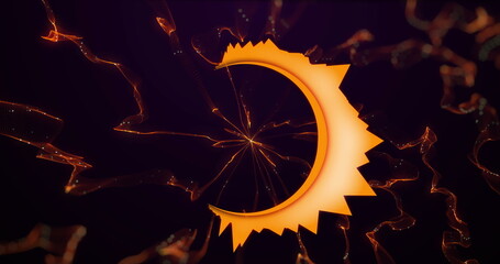 Image of neon circle with rays over digital space with orange smoke