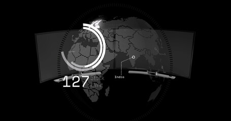 Image of globe and numbers over modern tvs