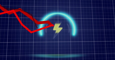 Image of neon circle with flash over digital screen with graphs
