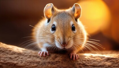 Adorable Pet Gerbil Snuggled in Soft Bedding, Showcasing Cute Mouth and Whiskers, Captured with Warm Natural Lighting, Perfect for Digital Art, Home Decor, or Design Inspiration.