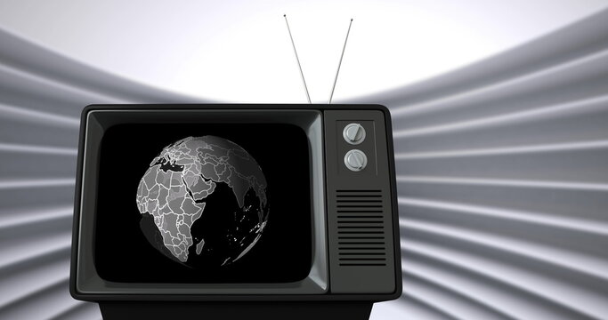 Image of vintage tv and globe on grey background - Powered by Adobe