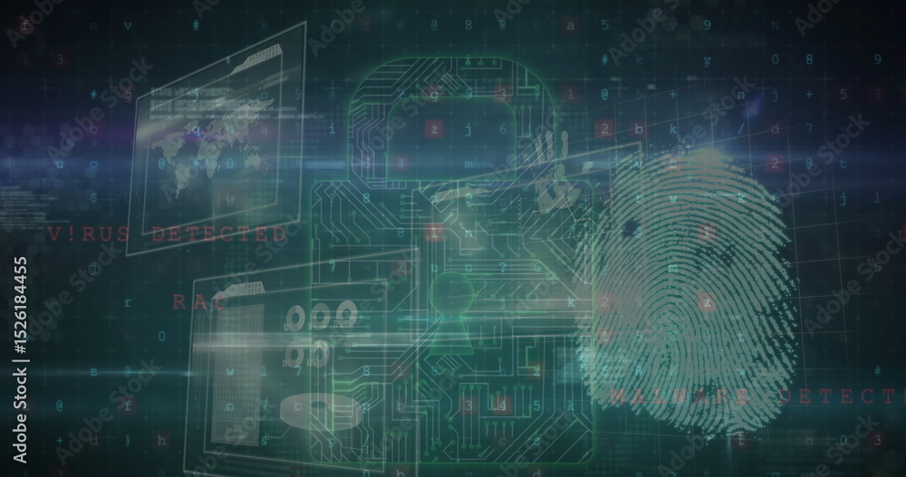 Poster image of digital padlock with integrated circuit and fingerprint over data on digital screens