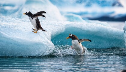 Gentoo Penguins Leaping into the Icy Ocean Energetic Flocks Against an Arctic Backdrop, Capturing a Moment of Wildlife Wonder