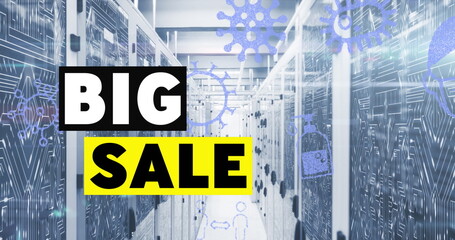 Image of big sale text over covid 19 icons and computer servers
