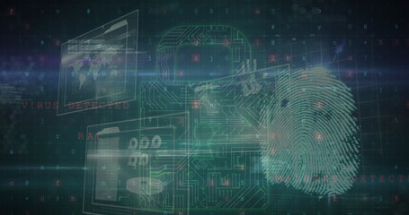 Image of digital padlock with integrated circuit and fingerprint over data on digital screens