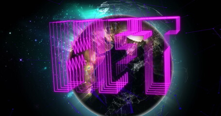 Image of nft text in purple over globe