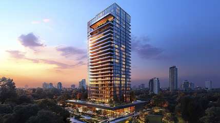 Fototapeta premium modern skyscraper with sleek glass facade stands tall against vibrant sunset