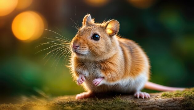 Adorable Pet Gerbil Basking in a Cozy Habitat, Bright Eyes Sparkling with Playful Curiosity against a Background of Soft Textures and Muted Colors.