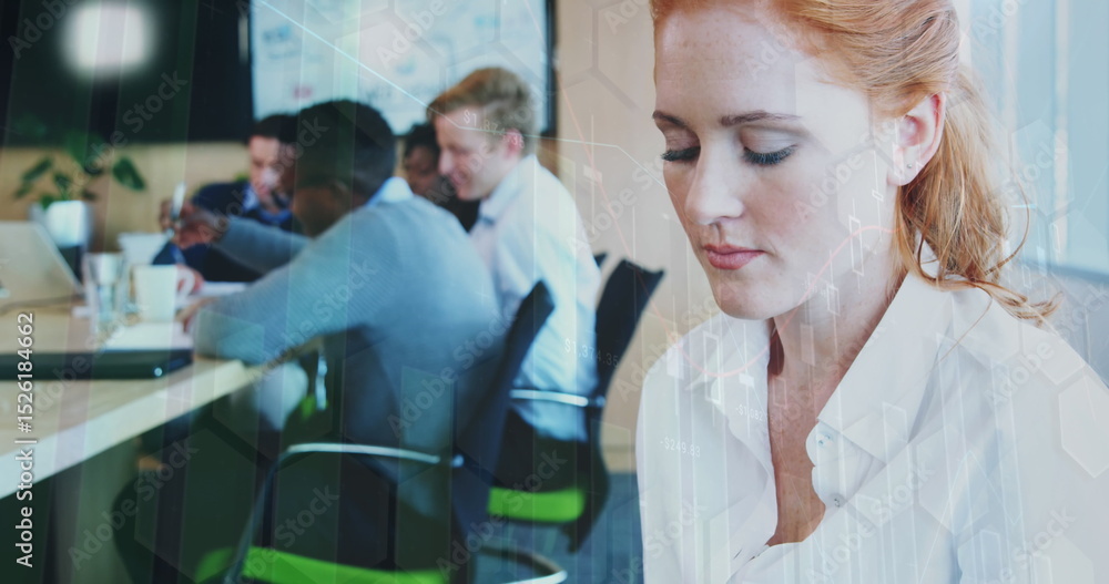 Poster image of statistical data processing over caucasian woman using digital tablet at office