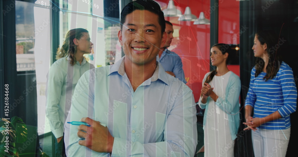 Poster image of statistical data processing over portrait of asian man smiling at office