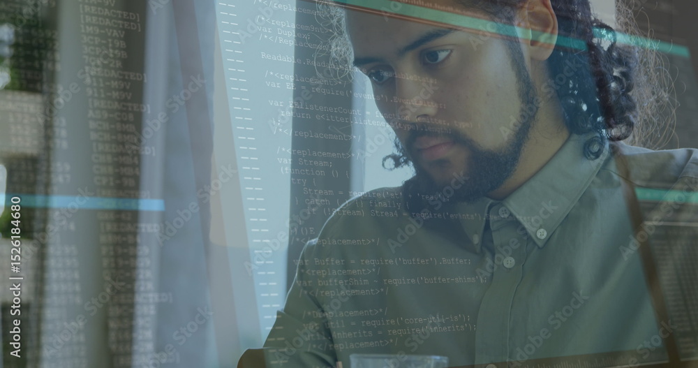 Poster image of lines and data processing over man using laptop