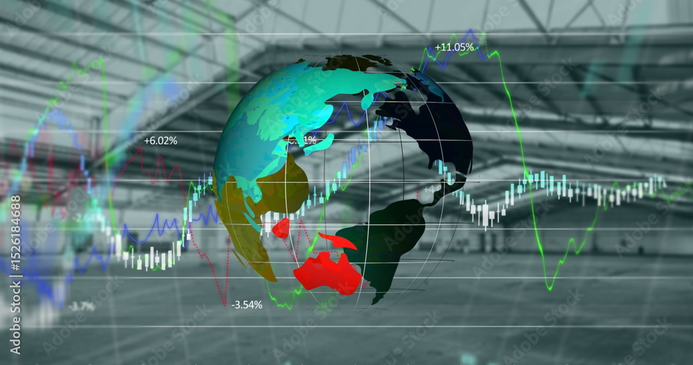 Poster image of graphs, globe and financial data over empty hall