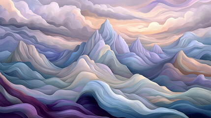 Obraz premium Abstract pastel mountain landscape painting soft clouds whimsical scene