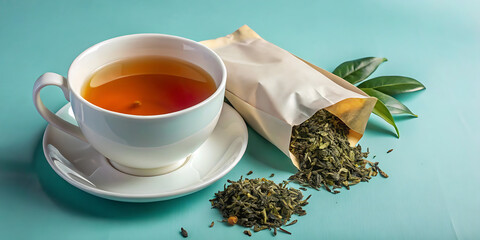 A steaming cup of freshly brewed tea pairs beautifully with loose-leaf tea scattered around it — a celebration of natural flavor and artisanal quality. Captured in soft studio light, this minimalist 