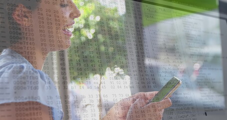Image of lines and data processing over caucasian woman using smartphone