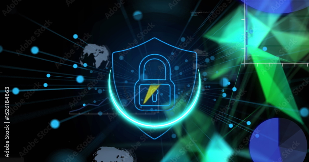Poster image of shapes and padlock over data processing