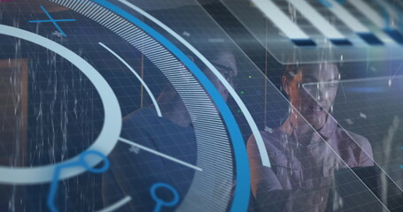 Image of data processing over diverse workers in server room