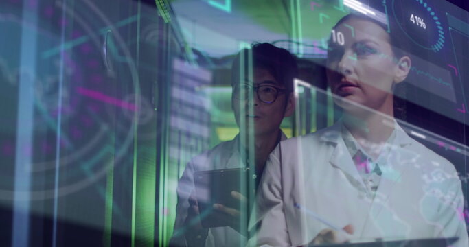 Image of data processing over diverse workers in server room