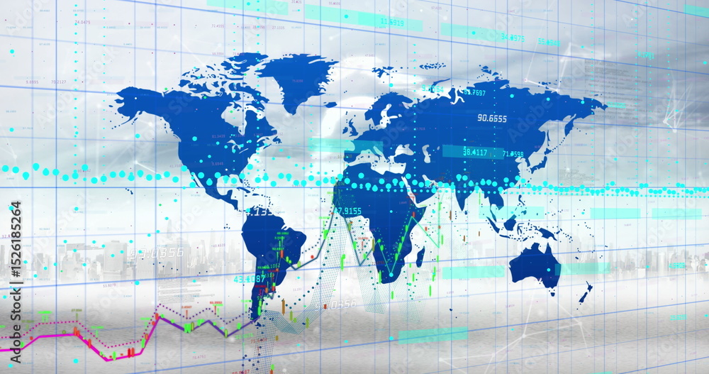 Poster image of data processing and world map over cityscape