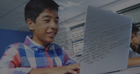 Image of data processing over diverse schoolchildren using laptop