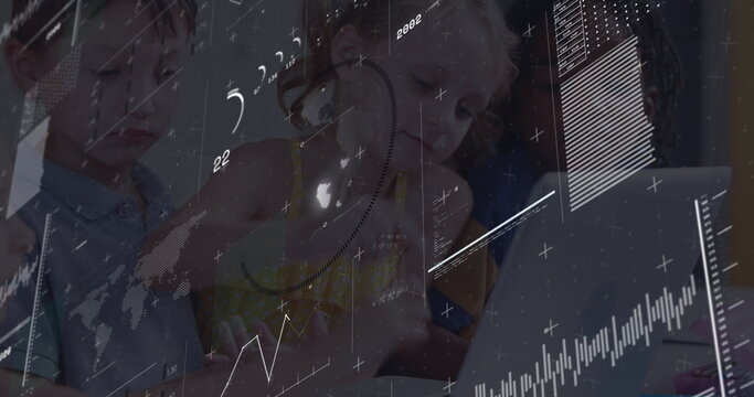 Image of data processing over diverse schoolchildren using laptop