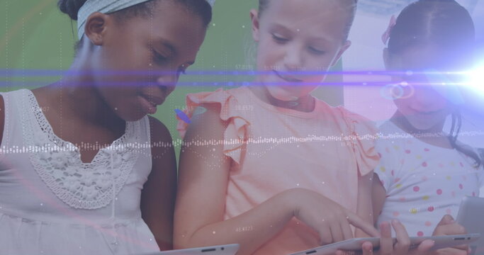 Image of connections and mathematical equations over schoolchildren in classroom