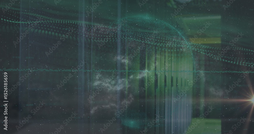 Aufkleber showing digital globe sending teal data and waveforms in server room with blurred rack lens flare