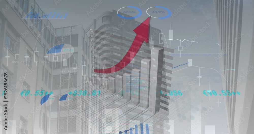 Poster image of statistical data processing against tall buildings in background