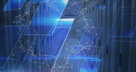 Displaying holographic blue panels streaming through server room aisle between server racks