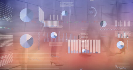 Image of financial data processing over diverse people walking on street