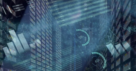 Image of statistical data processing against tall buildings in background