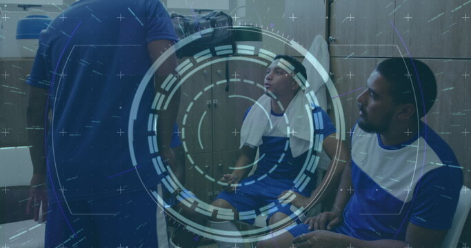 Image of scope scanning and data processing over diverse male football players in changing room - Powered by Adobe