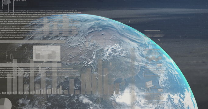 Image of interface with data processing over spinning globe against blue background - Powered by Adobe