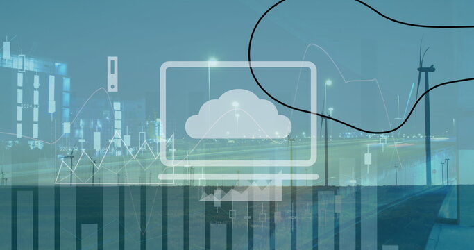 Image of statistical data processing over spinning windmills against night city traffic