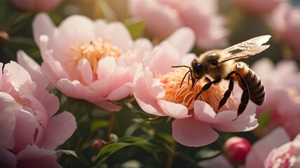 Bee on Blooming Peony Flowers