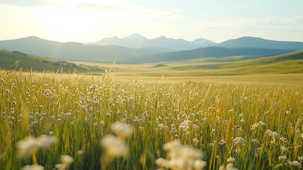 Fototapeta premium A serene meadow with tall grass and wildflowers, framed by distant mountains