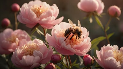 Bee on Blooming Peony Flowers