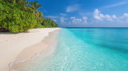 Tropical beach with clear blue water and white sand, embodying serene simplicity.