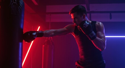 Man punching boxing bag in vibrant gym interior dynamic action photo for fitness and sports promotion