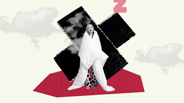 Poster trend collage video of sleepy girl cover duvet yawn early morning drowse