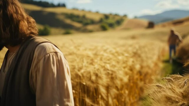 Jesus Christ, the apostle walks through a wheat field. Harvest time. The parable of the good sower and the tares. Christian religious video for publications